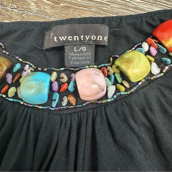 Twentyone Black Sleeveless Top Beaded Neckline Bohemian Boho,100% Rayon Sz Large - Picture 6 of 7